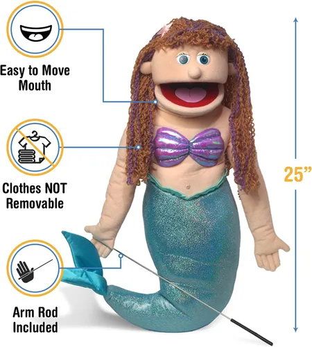 Vista 3 de Sirena de 25 pulgadas, chica melocotón, cuerpo completo, marioneta estilo ventrílocuo