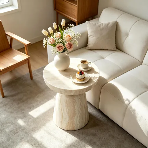 Vista 4 de Mesa auxiliar con pedestal de mármol sintético de 15.75 pulgadas, mesa