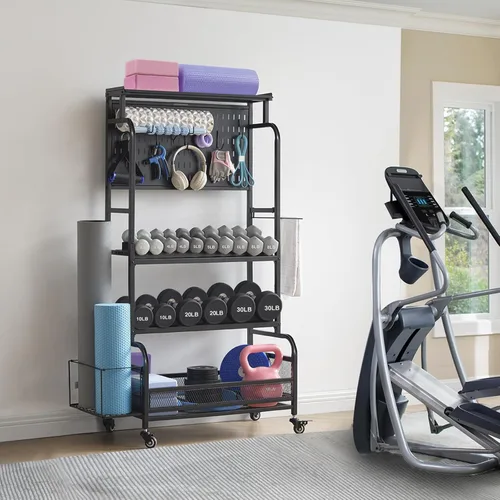 Vista 6 de 56'' Taller Home Gym Storage Organizer, Red Modern Alloy Steel Workout Equipment Storage Rack with Wheels and Hooks