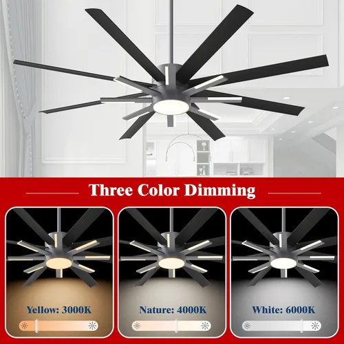 Vista 3 de Ventiladores de techo negros de 72 pulgadas con luces y control remoto, moderno ventilador de techo grande para sala de estar, dormitorio, patio, 6