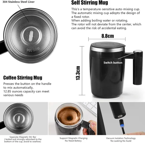 Vista 2 de Taza autoagitadora, taza de café magnética recargable con 2 barras de agitación, taza de mezcla automática impermeable para leche/cacao en la Negro