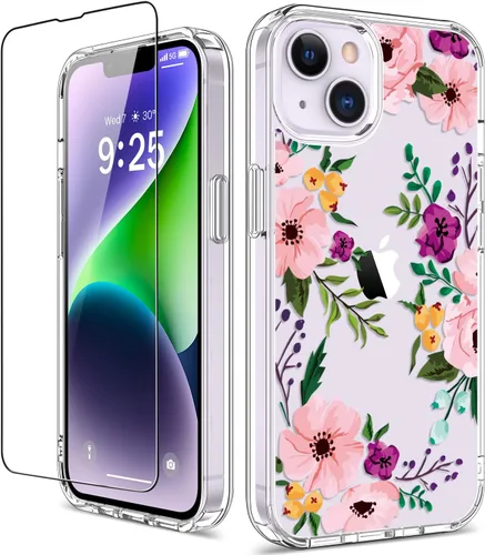 Vista 21 de Funda para iPhone 14 Pro con protector de pantalla, 6.1 pulgadas, transparente de cuerpo completo, a prueba de golpes, diseño floral, para niñas