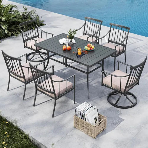 Vista 9 de MFSTUDIO Juego de comedor de 5 piezas de metal para patio, juego de muebles para exteriores con 1 mesa cuadrada de madera y 6 sillas de respaldo