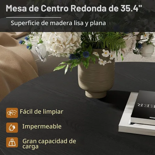 Vista 4 de Furniway Mesa de centro redonda, mesa de centro circular de 35.4 pulgadas de ancho, mesa de madera y mesa central para sala de estar, color negro