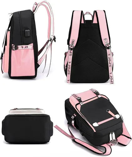 Vista 4 de qxuylmd Mochila Kawaii con colgante de felpa, linda mochila de dibujos animados para escuela secundaria, mochila para estudiantes, 21 litros