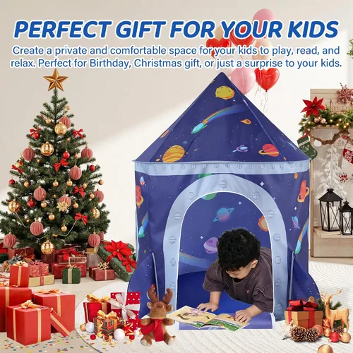 Vista 6 de Tienda de campaña de nave espacial para niños, tienda de juegos para niños con castillo de juguete, regalo para bebés niños y niñas de 3, 4, 5, 6, 7