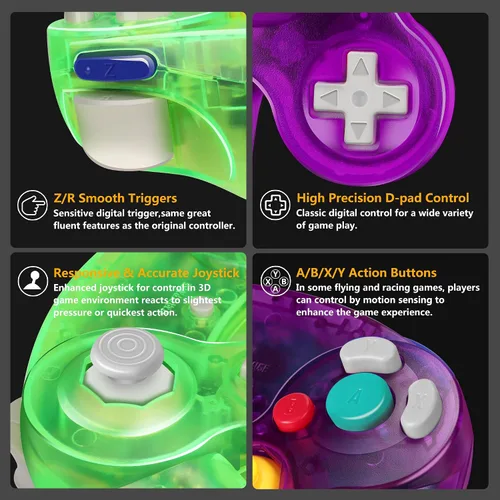 Vista 3 de FIOTOK Gamecube - Controlador clásico con cable para Wii Nintendo Gamecube (morado claro y verde transparente, paquete de 2)
