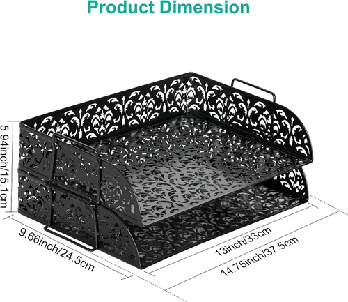 Vista 8 de EasyPAG, charola para escritorio de 2 niveles para cartas, diseño calado de flores, Negro