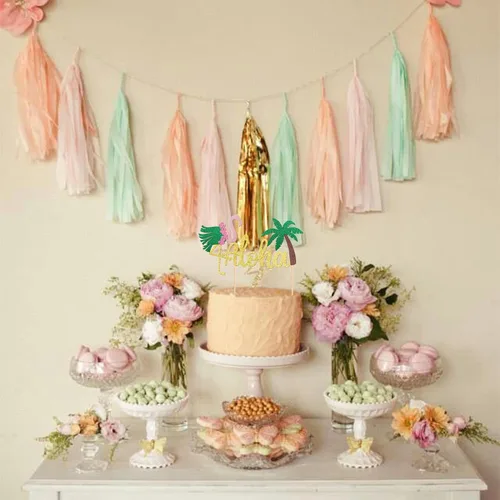 Vista 6 de 1 decoración para tarta de Aloha con purpurina para baby shower, paleta, palmera, flamenco, decoración para verano, hawaiano, Luau, tropical, Aloha