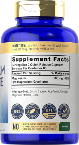 Vista 2 de Carlyle Glicinato de magnesio 200 mg 120 cápsulas Suplemento sin OMG y sin gluten