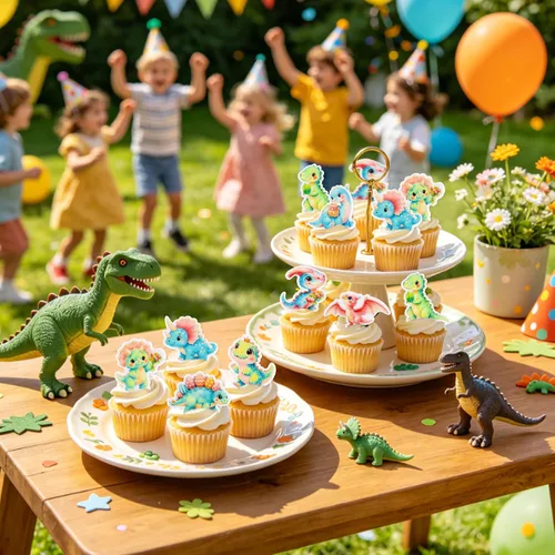 Vista 7 de 40 piezas comestible pastel de dinosaurio para cupcakes, acuarela, dinosaurios, baby shower, cupcakes, decoración de cumpleaños, suministros