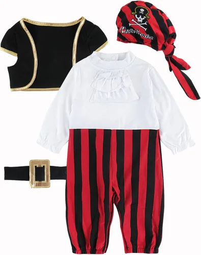 Vista 4 de COSLAND Disfraz de pirata para bebé y niño pequeño, 4 piezas, algodón, traje de Halloween, 3-24 meses