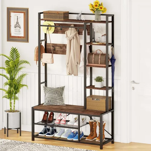 Vista 10 de BON AUGURE Árbol de pasillo con banco y almacenamiento para zapatos, banco de entrada con perchero, árbol de abrigos de madera y metal con ganchos