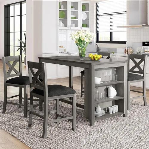 Vista 2 de Juego de mesa de comedor de altura de mostrador, juego de mesa de bar de madera de 5 piezas con mesa de comedor de almacenamiento grande, diseño que