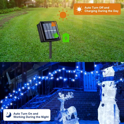 Vista 3 de QITONG Paquete de 2 luces solares azules y blancas de Navidad, cada cadena de 200 luces LED solares de 66 pies para exteriores, impermeable, 8 modos
