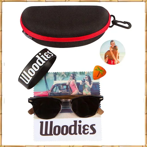 Vista 8 de Woodies Lentes de sol retro de madera de nogal semirrirrimless dorados para hombres y mujeres, lentes polarizados negros y marco de madera real