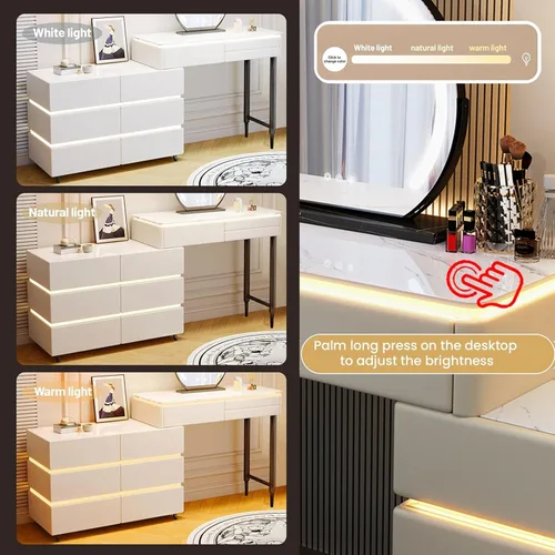Vista 4 de Escritorio de maquillaje con luz LED, escritorio de tocador con espejo y luces, juego de tocador de maquillaje de 6 cajones para dormitorio Gris