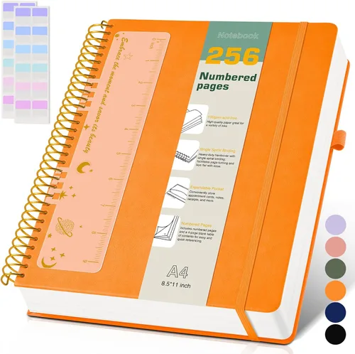 Vista 11 de Cuaderno de espiral A4 de 8.5 x 11 pulgadas, 256 páginas numeradas, de tapa dura, de cuero, para mujeres y hombres, cuadernos grandes rayados
