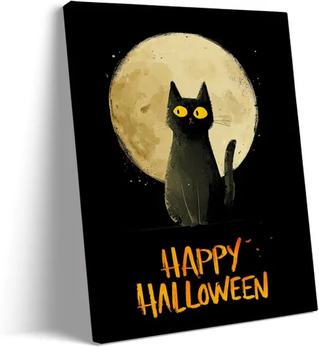 Vista 8 de Bonito arte de pared de gato negro de Halloween, divertido póster de lienzo de luna llena con ojos amarillos y cita de Feliz Halloween