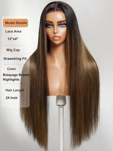 Vista 4 de UNICE Peluca balayage marrón con encaje frontal de 13 x 4 pulgadas, cabello humano Yaki lacio, pretodo, sin pegamento, precortadas, nudos