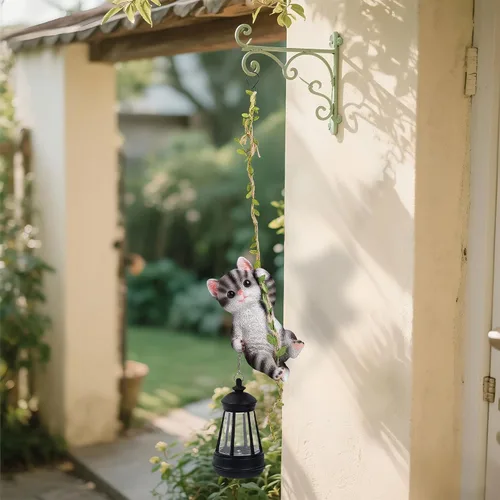 Vista 6 de Estatua de gato colgante solar, figura de gato negro de resina para exteriores con luces LED, adorno de gatito para jardín, valla, porche, patio