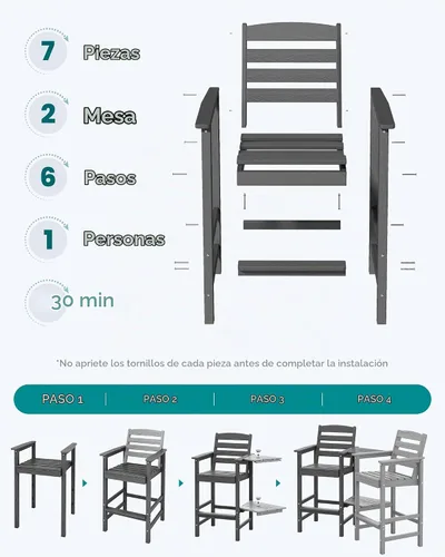 Vista 6 de SERWALL Juego de 2 sillas Adirondack altas con mesa de conexión, color gris