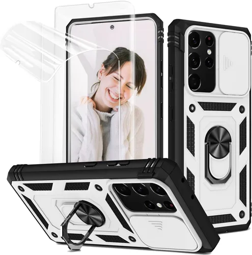 Vista 18 de Jeylly Funda para Galaxy A12 con cubierta deslizante para cámara, protector de pantalla de vidrio templado, protección híbrida de policarbonato duro