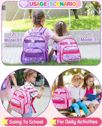 Vista 6 de Mochila para niños y niñas, mochila ligera para niños y niñas, preescolar, primaria, jardín de infantes, Niñas-unicornio rosa, 7L