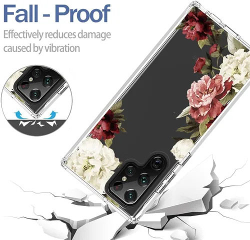 Vista 7 de Funda para Galaxy S22 Ultra 5G SM-S908U con protector de pantalla de vidrio templado, bonito patrón floral transparente, funda protectora de cuerpo