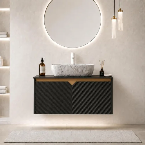 Vista 12 de Vanidad de baño flotante de 24 pulgadas con fregadero, gabinete estriado Fregadero de cerámica negro + negro