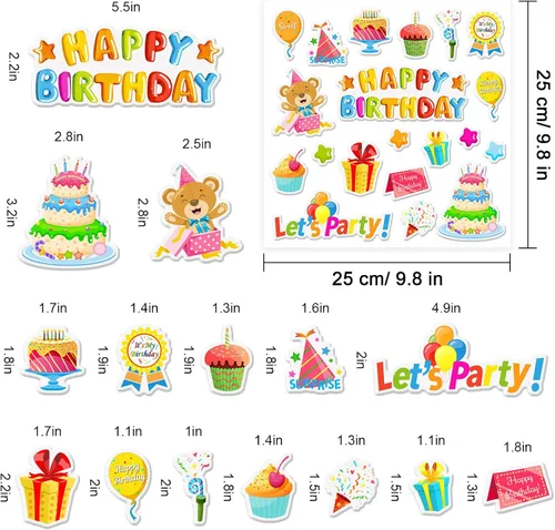 Vista 5 de Whaline 40 calcomanías de gel gruesas de cumpleaños, calcomanías de gel para ventana de cumpleaños, regalos de pastel de cumpleaños, globos