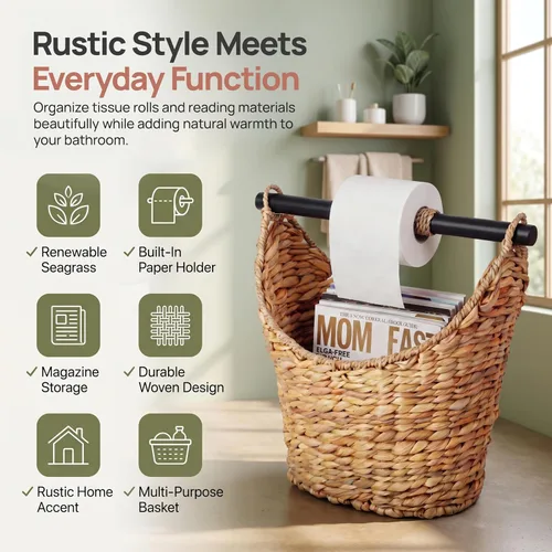 Vista 3 de Vintiquewise (TM) - Soporte para papel higiénico rústico/cesta para revistas Marrón