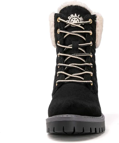 Vista 4 de GLOBALWIN Botas de tobillo acolchadas para mujer, botas de combate de moda, con cordones, tacón bajo, botines de piel cálida para mujer