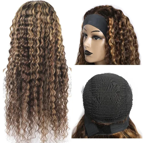 Vista 22 de Peluca de cabello humano con diadema de ondas profundas, sin pegamento, pelucas de cabello rizado sin encaje frontal, pelucas de cabello humano