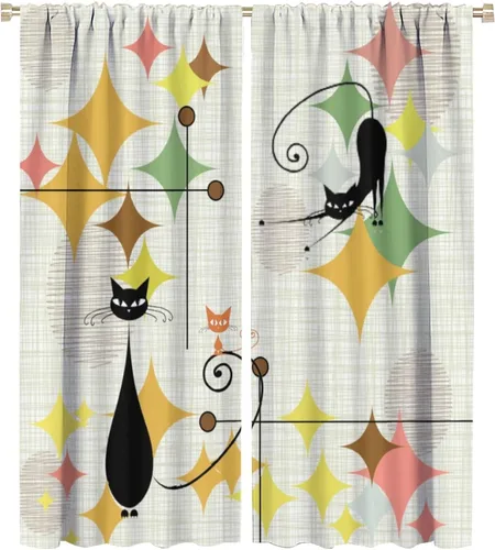 Vista 13 de Cortinas de estilo de mediados de siglo, diseño geométrico abstracto moderno, diseño retro, estampado de gato negro, para dormitorio, sala de estar