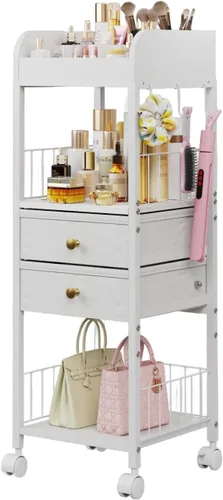 Vista 12 de Makeup Organizer Cart, Rolling Floor Skincare Organizer and Storage with 2 Wooden Drawers, Cosmetics Display Cases Holder for Skin Care Perfume Hair