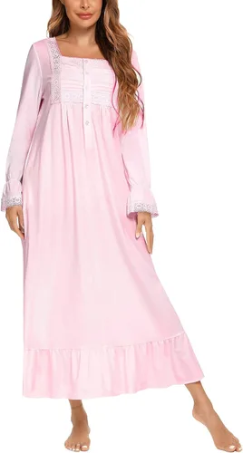 Vista 2 de Camisones victorianos de manga larga con bordados con botones para mujer, con volantes, lindo vestido de dormir, pijama, tallas S-XXL