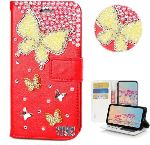 Vista 8 de Bling - Funda tipo cartera compatible con Samsung Galaxy S21 Ultra, elegante funda de piel con diseño de libélula y mariposa 3D hecha a mano con Azul