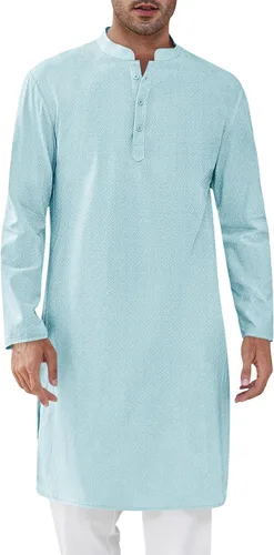Vista 14 de Runcati Camisa Henley con textura Kurta Thobe para hombre Azul marino