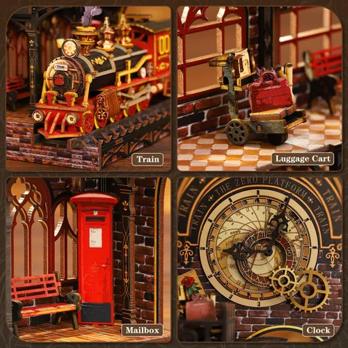 Vista 8 de Kit de rincón de libro, kit de casa en miniatura para adultos, rompecabezas LED 3D estación mágica, kit de rincón de libros, fabricado en madera