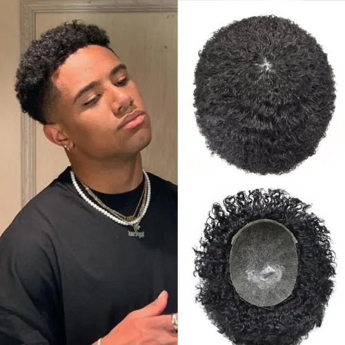Vista 15 de Afro Toupee para hombres negros, 0.004 in de piel fina sistema de pelo PU para hombres, pieza de cabello humano Remy brasileño para hombres, rizado