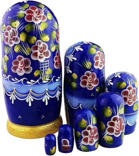 Vista 9 de Winterworm Hermoso patrón azul y dorado de cuento de hadas hecho a mano de madera tradicional rusa muñecas de anidación Matryoshka Set de 7 piezas