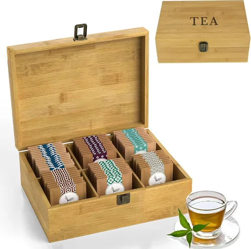 Vista 5 de Caja organizadora de té segura para alimentos, libre de productos químicos, baúl de almacenamiento de bambú, cubos ajustables