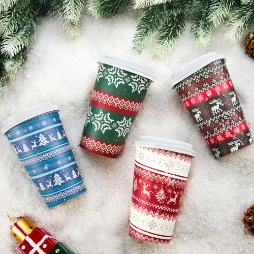Vista 6 de JOYIN 24 piezas de vasos de papel desechables de Navidad, vasos de fiesta de Feliz Navidad de 16 oz con mangas y tapas, 4 diseños de vajilla