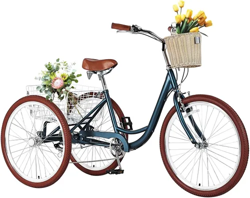 Vista 9 de Triciclos para adultos para adultos, triciclos para adultos de 7 velocidades, bicicleta de 3 ruedas de 20/24/26 pulgadas con canasta, bicicletas