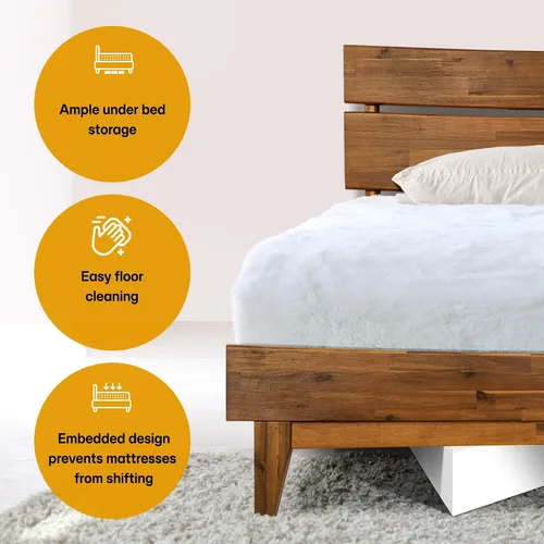 Vista 4 de Acacia Aurora - Marco de cama con cabecero, cama de plataforma de madera 100% maciza, estilo de cama escandinavo con todos los colchones Caramelo