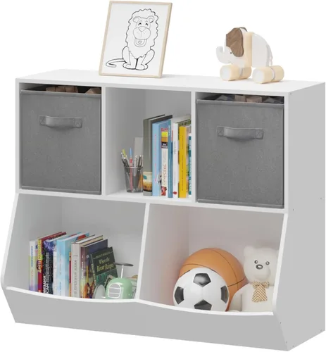 Vista 8 de Estantería para niños, estante para libros para niños con cajones de tela plegables, organizador de almacenamiento de juguetes, estantería