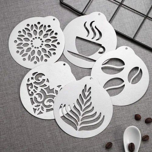 Vista 6 de Plantillas decorativas de café, 5 plantillas de arte de acero inoxidable, para guirnalda, capuchino, plantillas de arte para mousse, pastel de taza