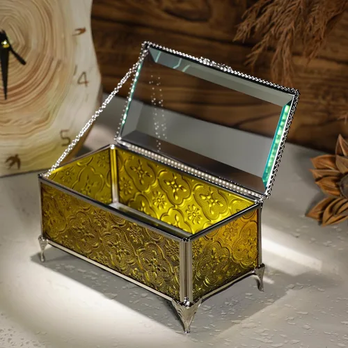 Vista 4 de Joyero de cristal rectangular vintage con tapa con bisagras, anillo de joyería, pulsera, caja de exhibición de metal de recuerdo, caja