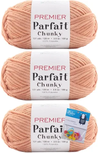 Vista 23 de Premier Yarns Parfait - Paquete de 3 unidades de felpilla gruesa de 3.5 onzas, peso supervoluminoso, paquete de 3 unidades con soportes para punto